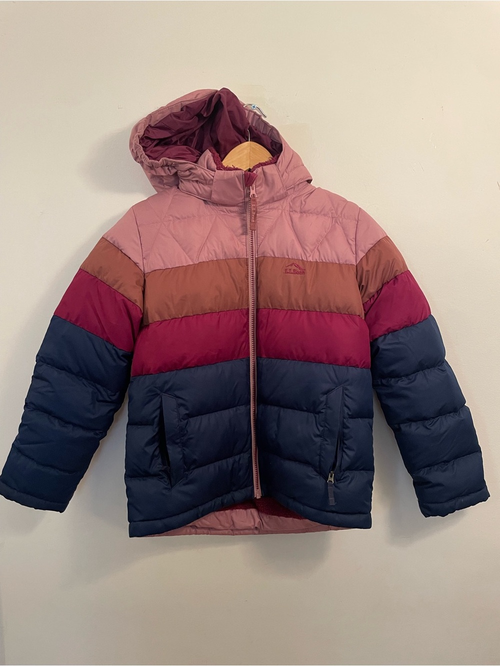 L.L. Bean Kids Colorblock Puffer Jacket - Pink, Maroon, Navy, Brown